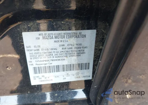 2008 Mazda Mazda6 I Sport Ve from USA, damaged, VIN 1YVHP80C785M36330